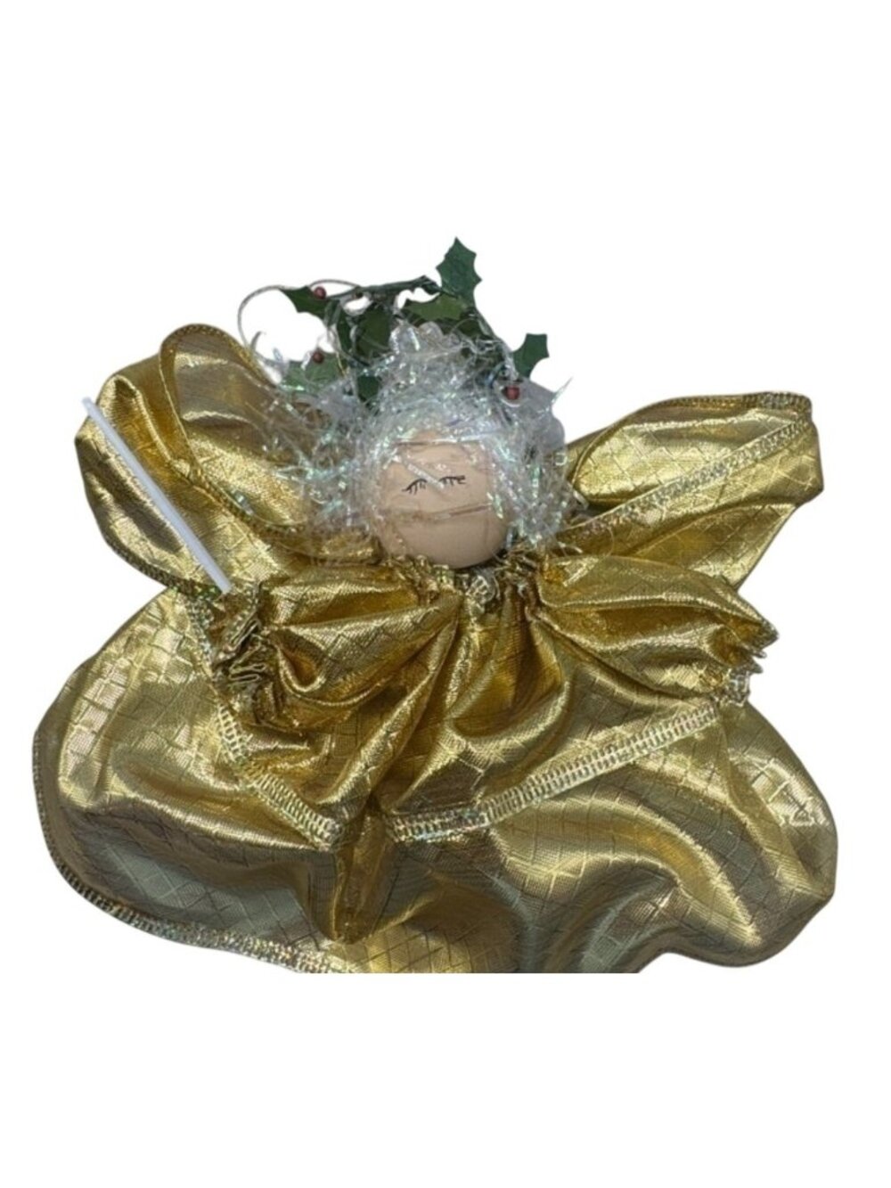 Handmade Golden Angel Christmas Tree Ornement With Glitter Accents & Holly READ